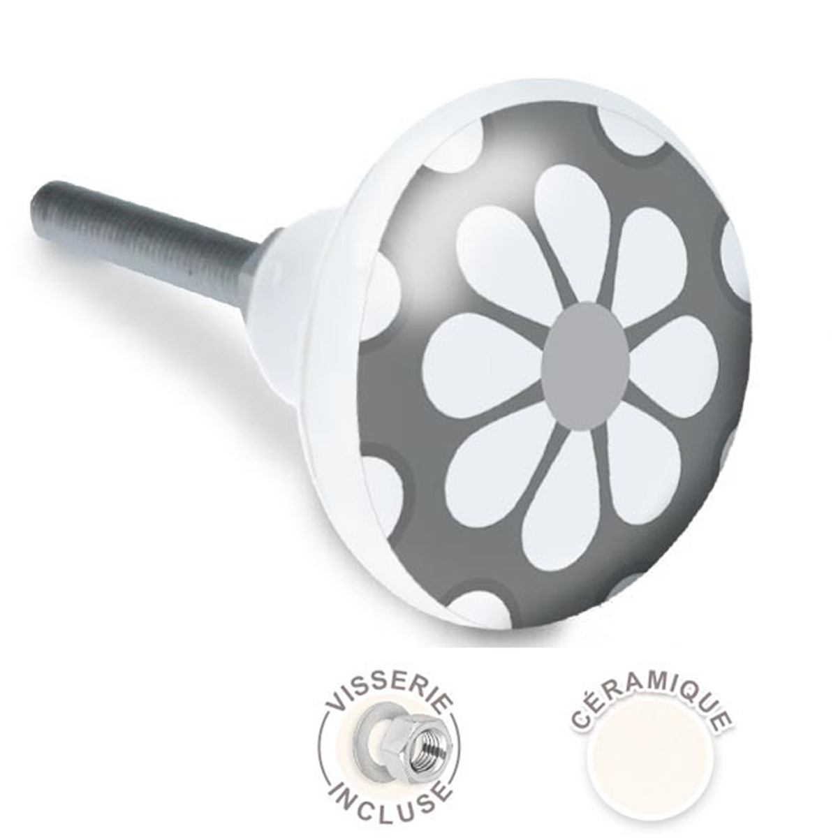 Bouton meuble céramique \'Fleurs\' gris - 65x35 mm - [A2096]