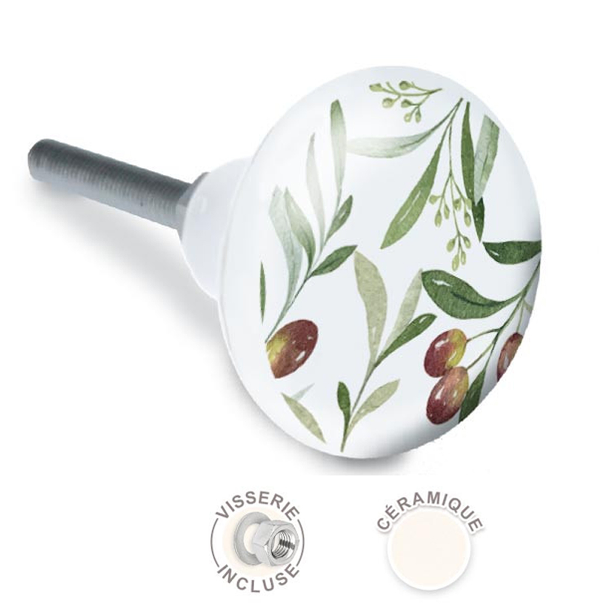 Bouton meuble céramique \'Oliviers\' vert blanc - 65x35 mm - [A2103]
