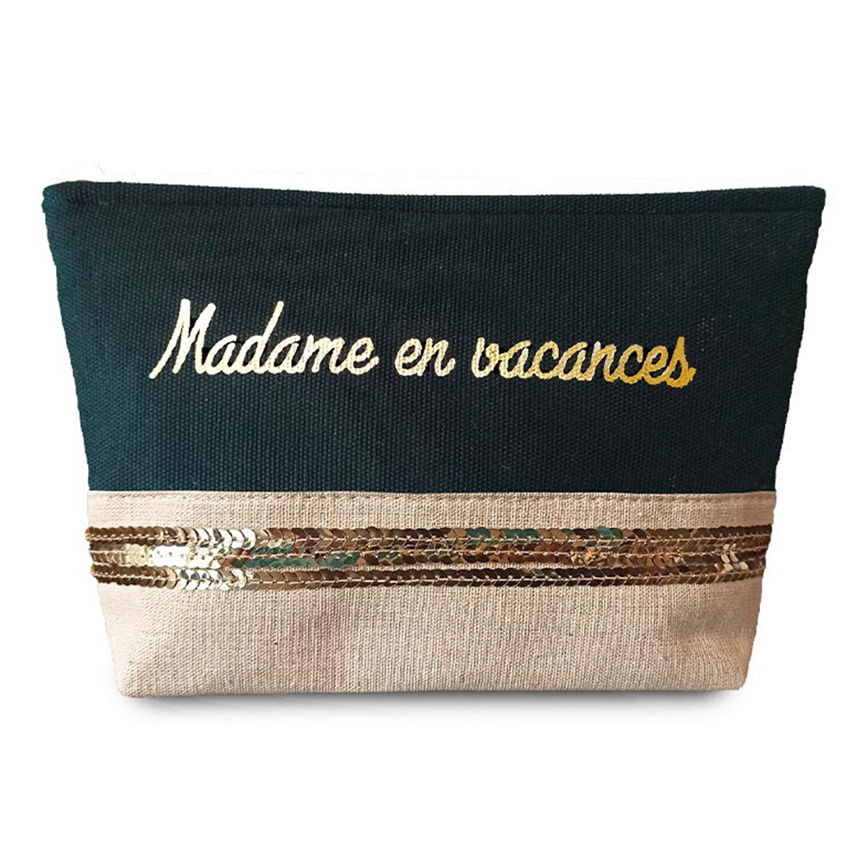 Trousse à maquillage toile sequins \'Madame en vacances\' noir beige  - 24x17 cm - [A2129]