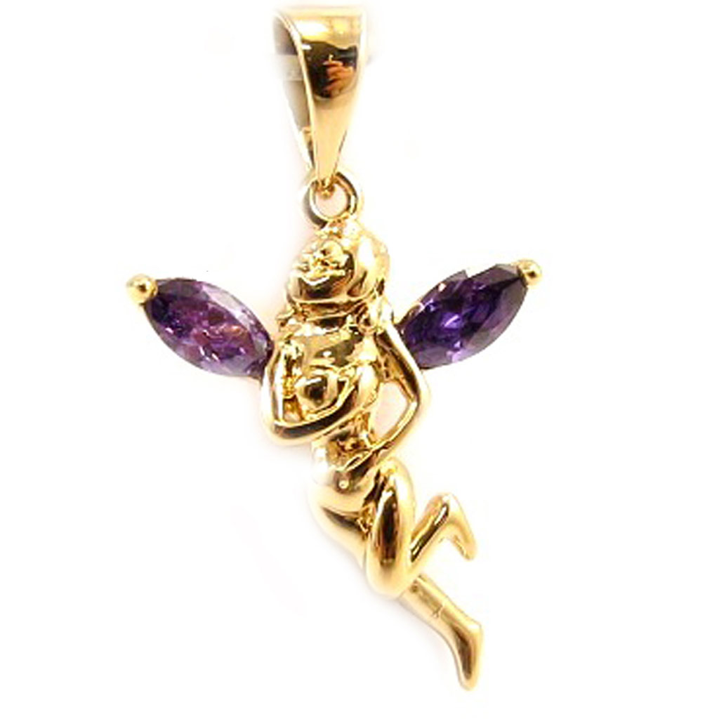 Pendentif Plaqué Or \'Fée Clochette\' améthyste doré - 20x15 mm - [L5146]