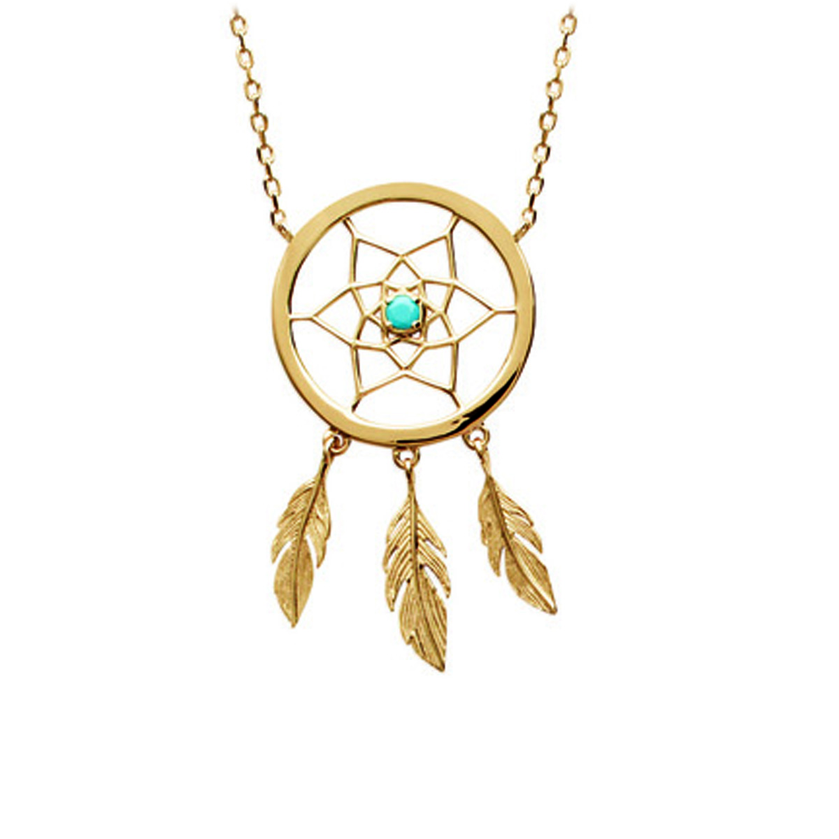 Collier plaqué or \'Navajos\' turquoise doré (dreamcatcher attrape rêves) - 35x20 mm - [R2927]