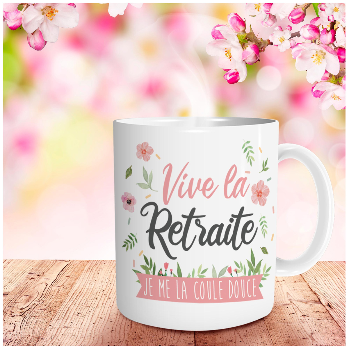 Mug céramique \'Vive la Retraite\' blanc rose (je me la coule douce) - 95x80 mm - [R1881]