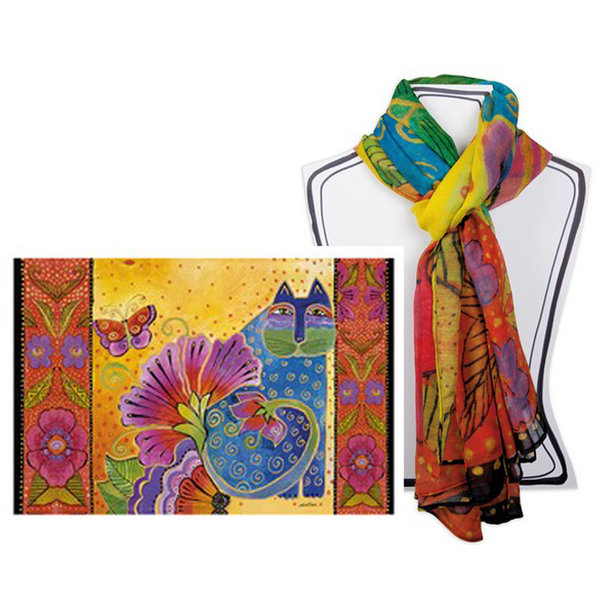 Foulard Laurel Burch 100% Soie - Motif Fleurs, Esprits Et Chats, Neuf Avec étiquette, Parfait Pour Un Accessoire Bohème