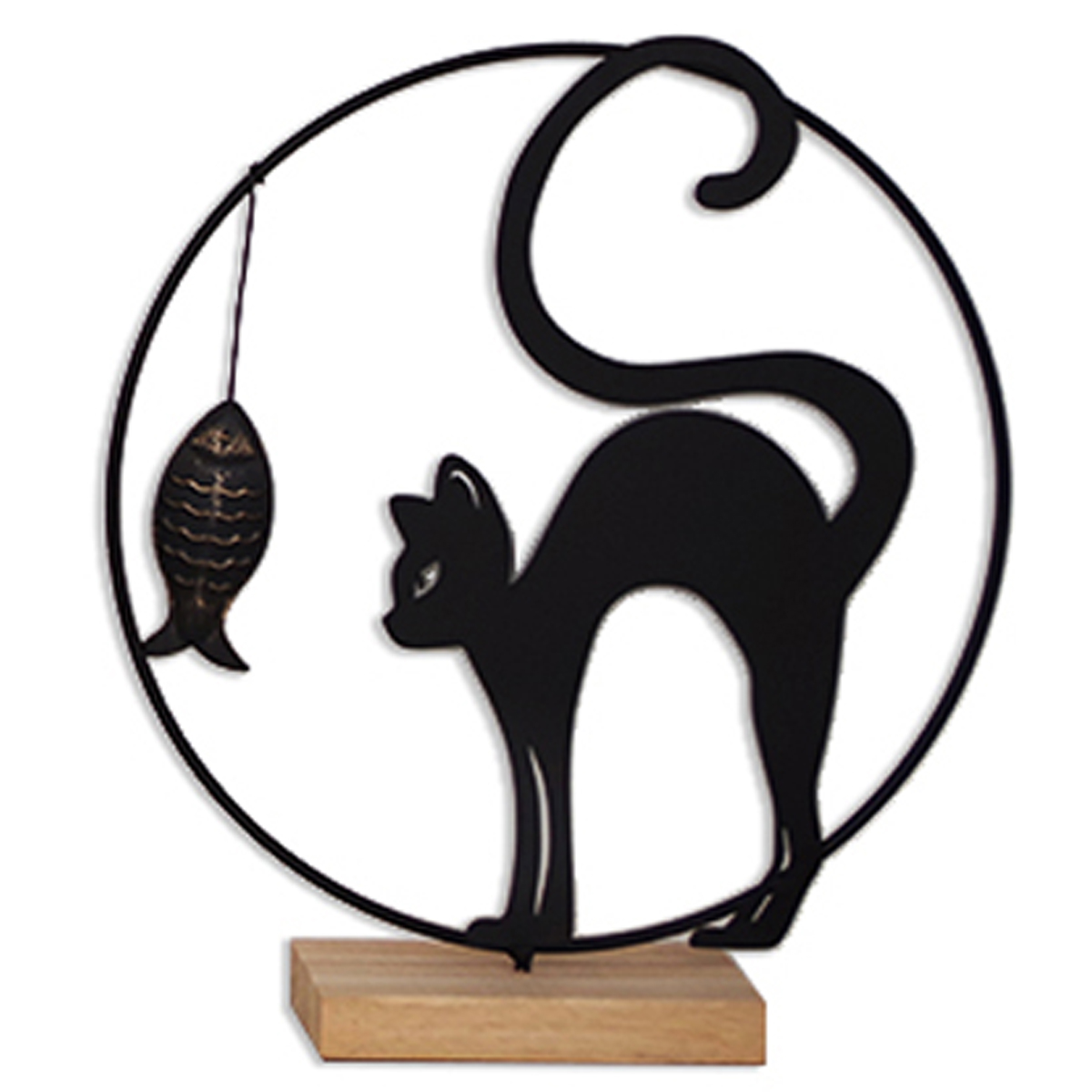 Deco Metal Bois Chat Noir Beige 28x25x6 Cm Ombre Chinoise 494