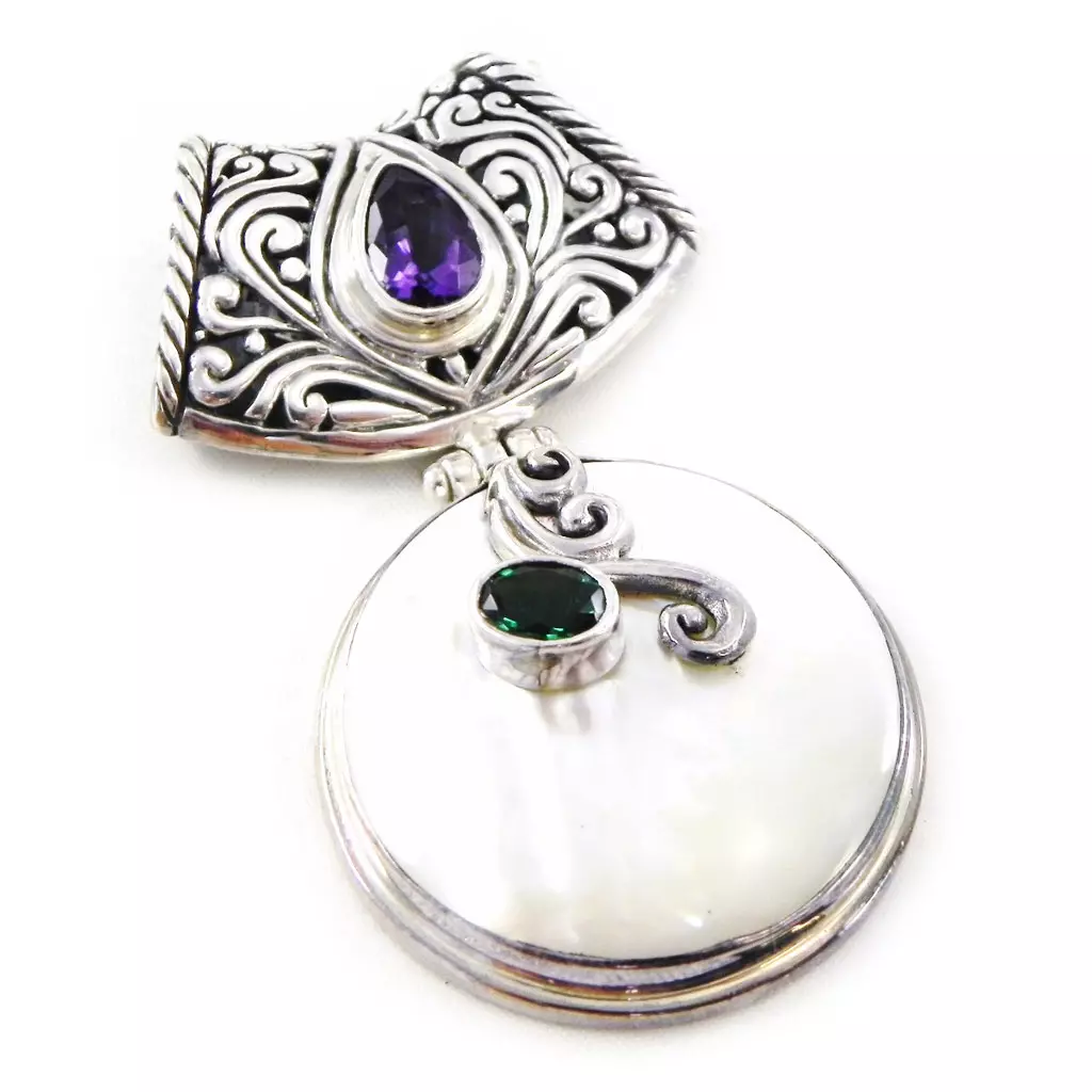 les trésors de lily Pendentif Argent artisanal 'Sapa' Blanc / Violet / Vert argenté 32x55 mm [D5877]