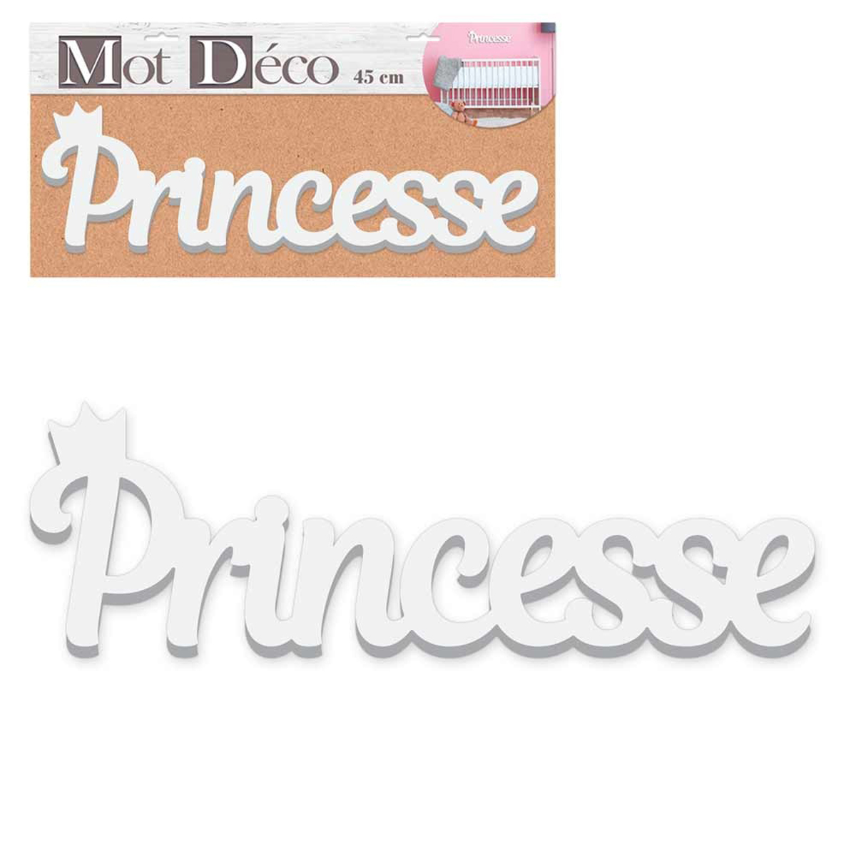 Mot Déco bois 3D \'Princesse\' blanc - 45x14x15 cm - [Q6560]