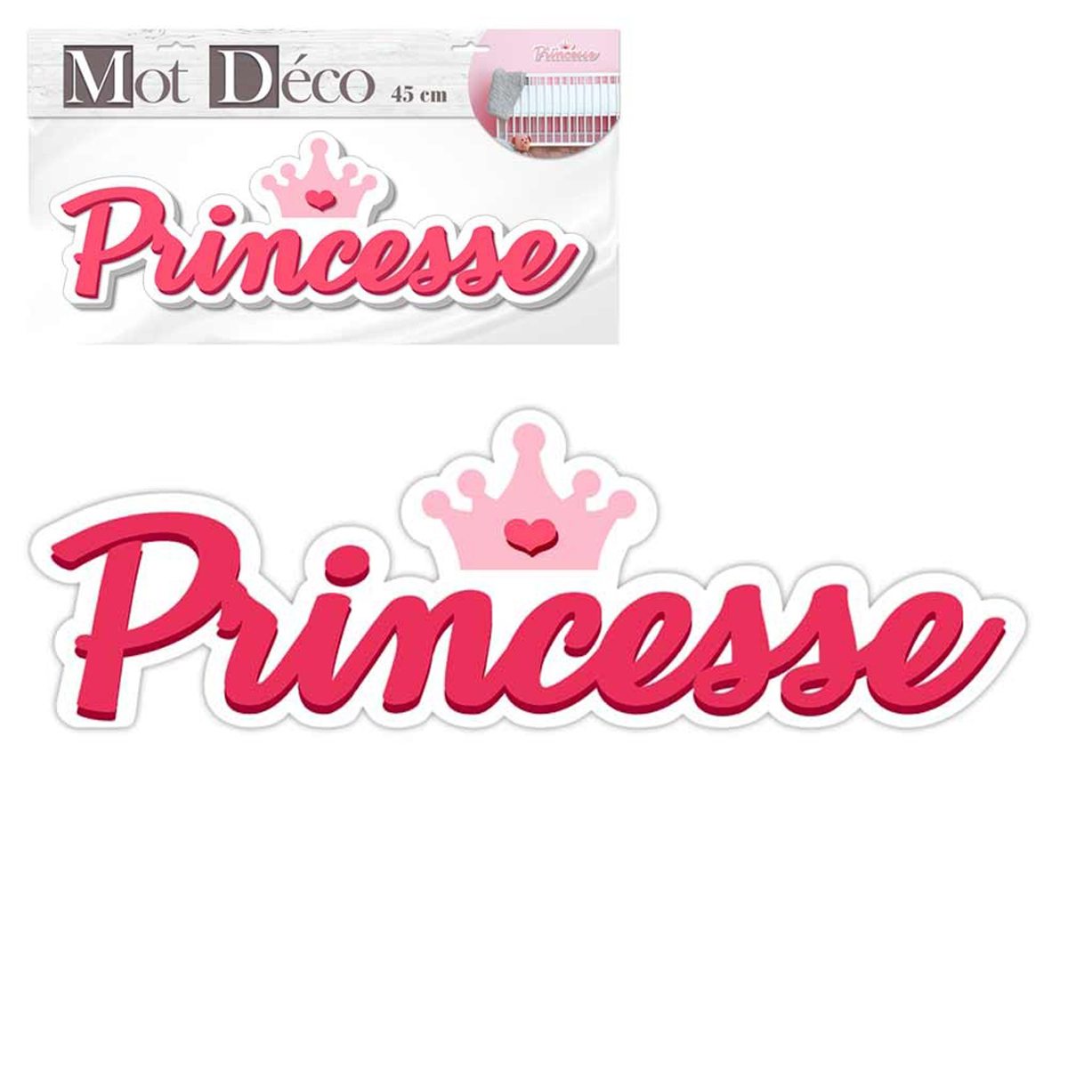 Mot Déco bois 3D \'Princesse\' rose blanc - 45x15x1 cm - [Q7316]