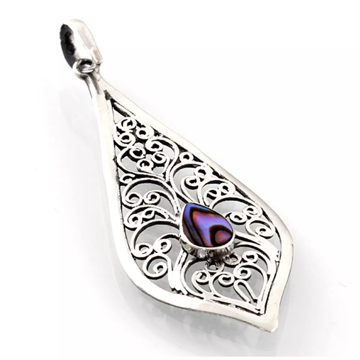 les trésors de lily Pendentif Argent artisanal 'Sagesse' bleu nacre argenté vieilli 45x20 mm [R4555]