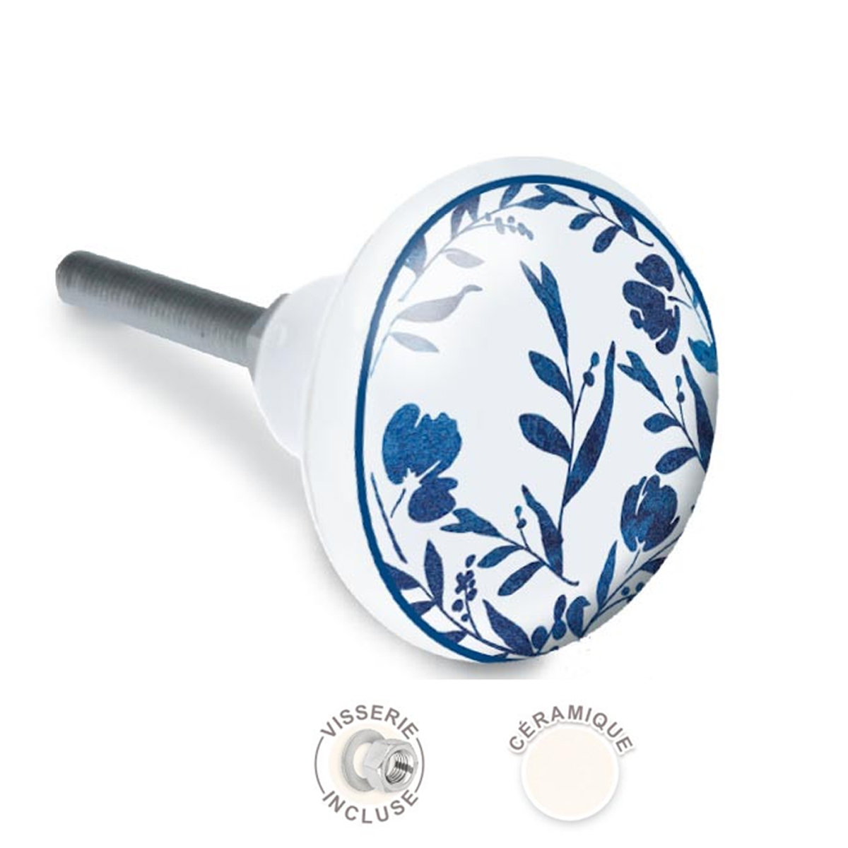 Bouton meuble céramique \'Floral\' bleu blanc - 65x35 mm - [A2522]