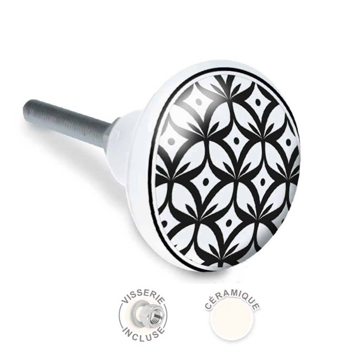 Bouton meuble céramique \'Boho\' noir blanc - 65x35 mm - [A2524]