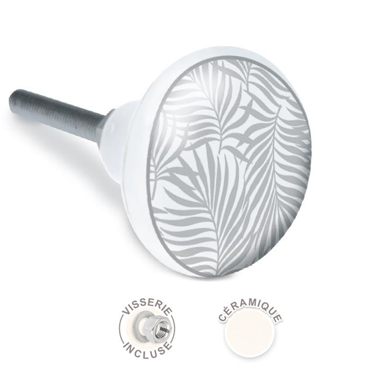 Bouton meuble céramique \'Palmiers\' gris - 65x35 mm - [A2526]