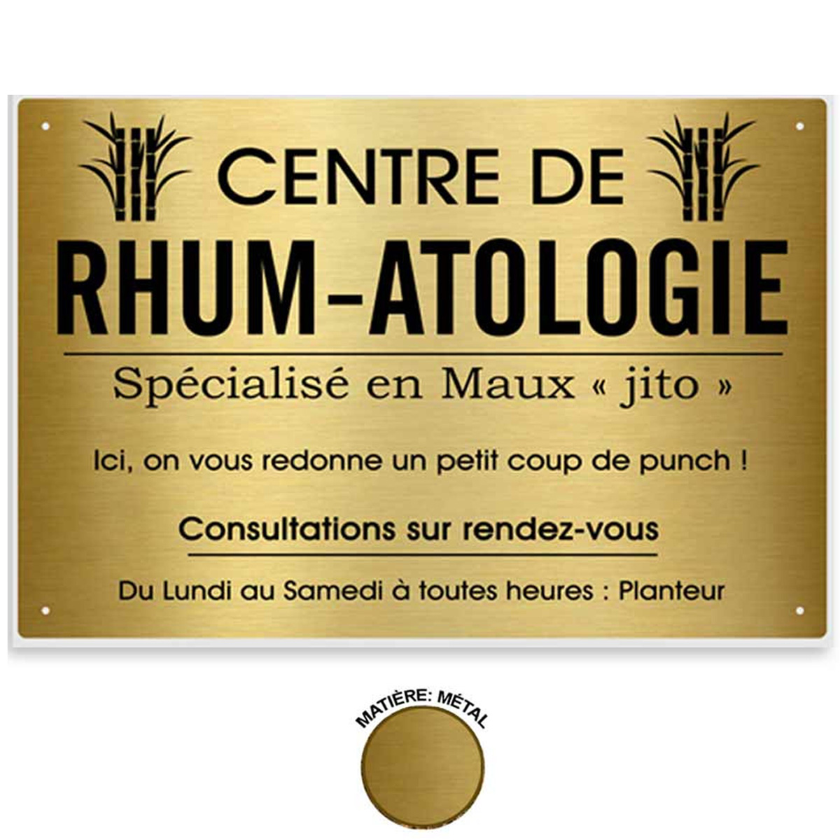 Plaque Professionnelle Humoristique Metal Rhum Atologie Dore 33x22 Cm R1430