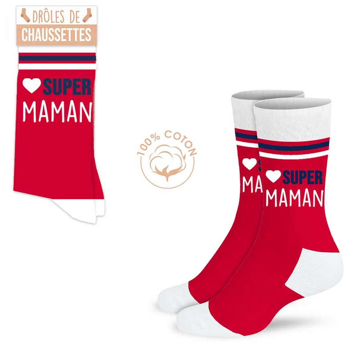 Chaussettes coton tendresse \'Super Maman\' rouge - taille unique - [A0913]