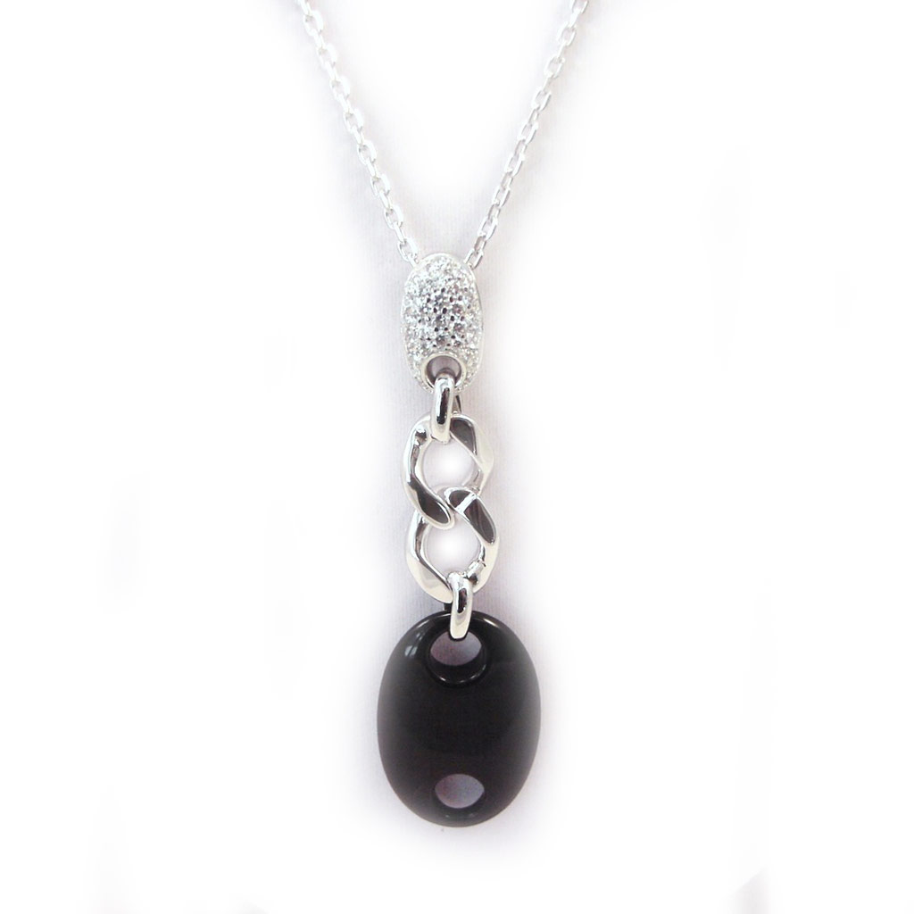 Collier Argent \'Grain de Café\' noir blanc - [G2220]