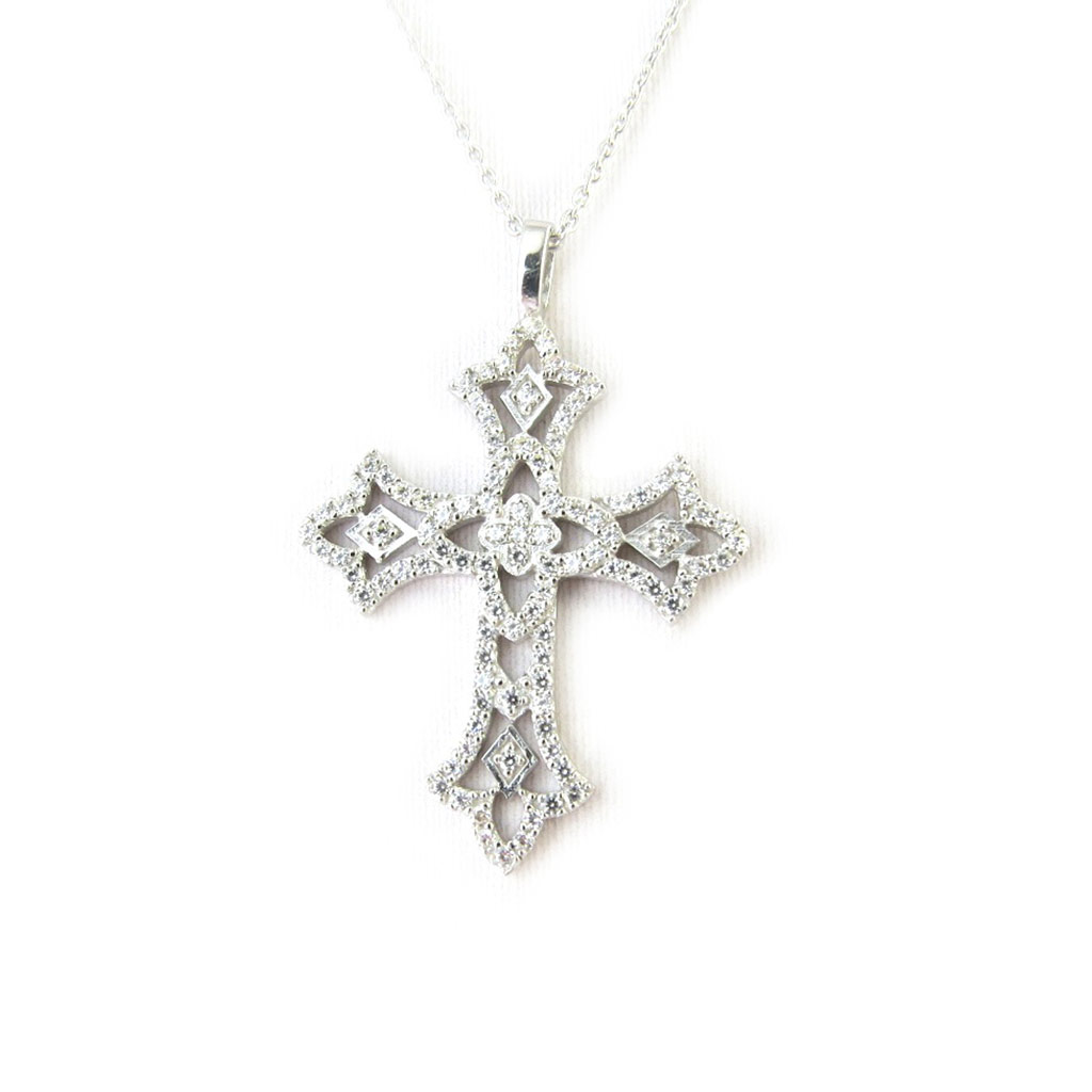 Collier Argent \'Croix Gothique\' Blanc - [M5924]