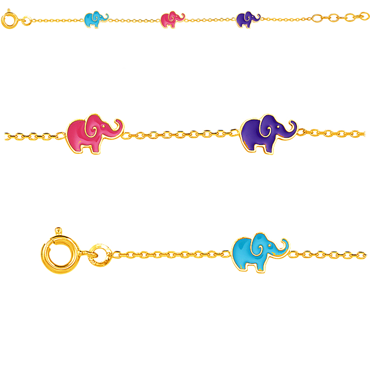 Bracelet plaqué or enfant \'Eléphants\' tutti frutti - 17 cm - [P0148]