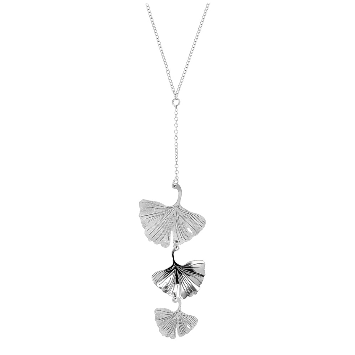Collier Argent artisanal \'Ginkgo Biloba\' argenté (rhodié) - 100x28 mm - [Q6012]
