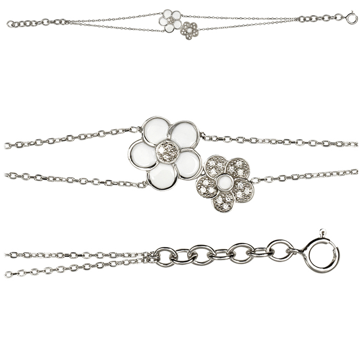 Bracelet argent  \'Flora\' blanc argenté (rhodié) - fleurs 9 et  11 mm - [Q8903]