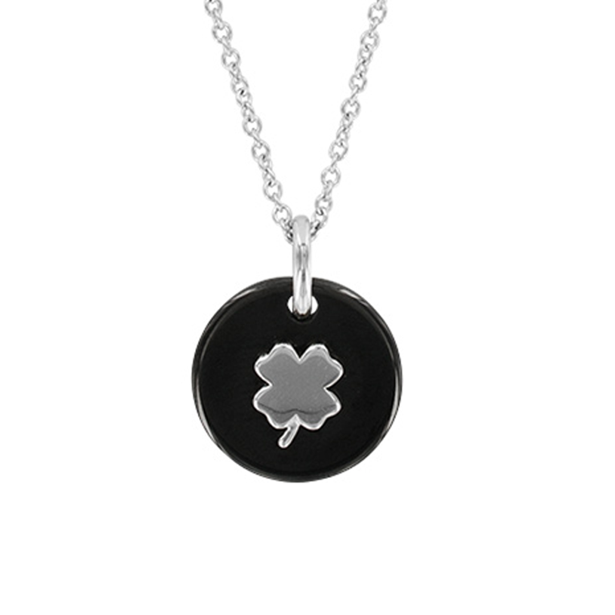 Collier Argent \'Trèfle\' noir argenté (rhodié) - 15 mm (céramique) - [R4918]