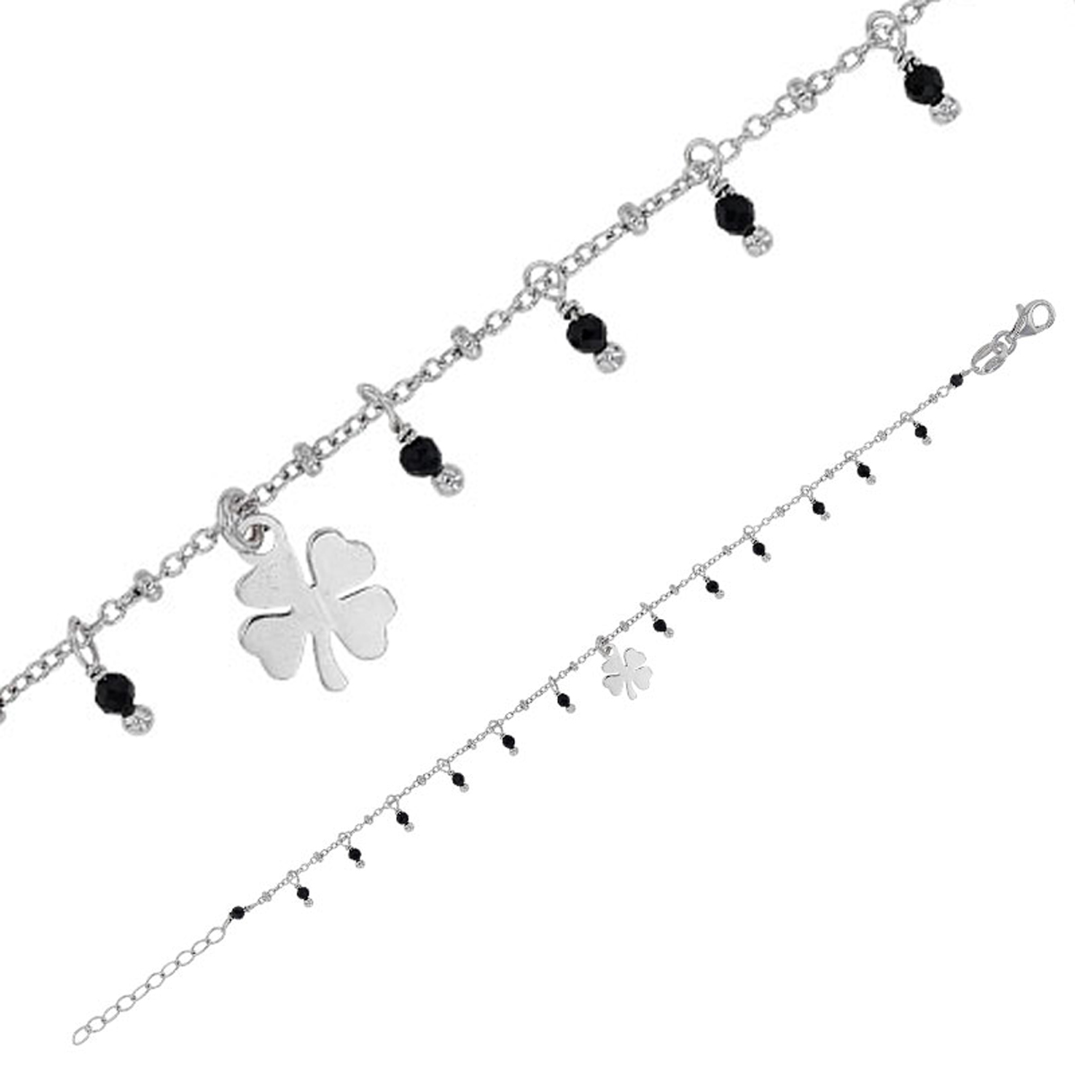 Bracelet Argent artisanal \'Cléopatra\' noir argenté (rhodié) - 8 mm (trèfle) - [R4979]