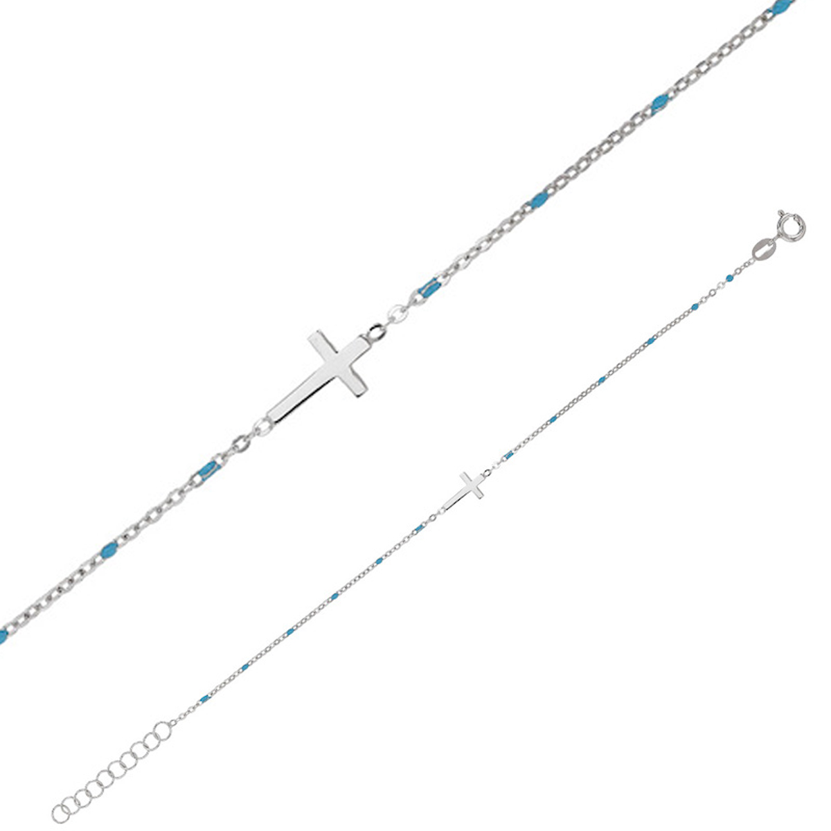 Bracelet Argent artisanal \'Croix\' turquoise argenté (rhodié) - 13x6 mm  - [R4982]