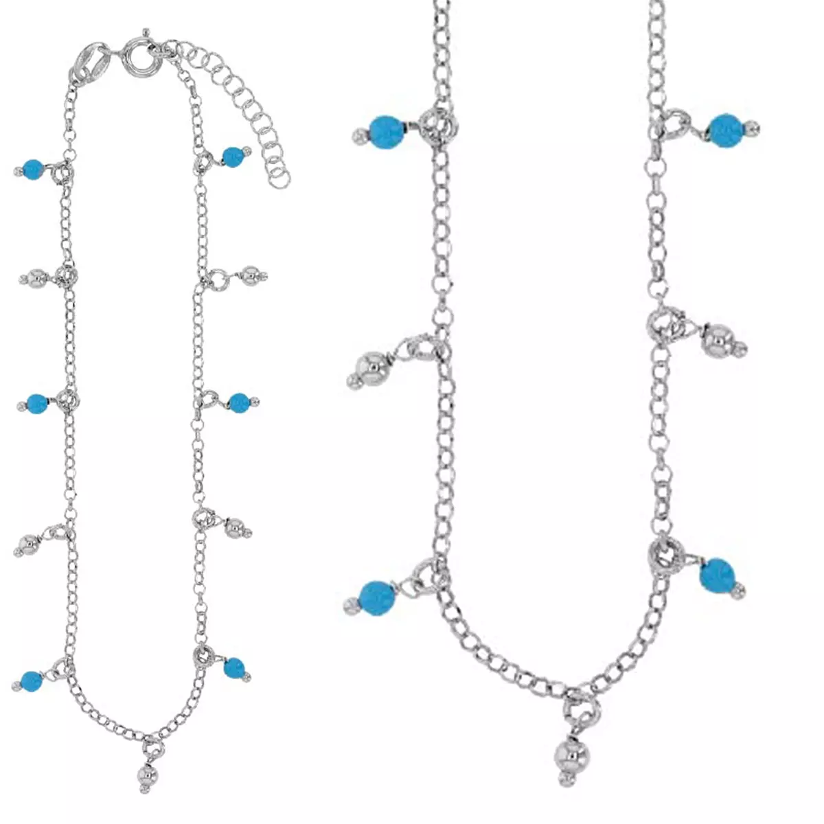les trésors de lily Chaîne Cheville Argent artisanale 'Boho' turquoise argenté (rhodié) 26 cm 3 mm [R4994]