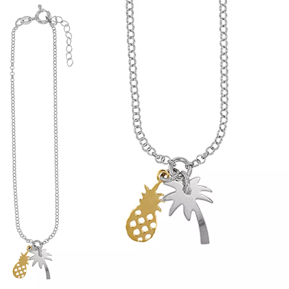 les trésors de lily Chaîne Cheville Argent artisanale 'Palmier Ananas' doré argenté (rhodié) 26 cm 14x10 mm (palmier) [R4998]