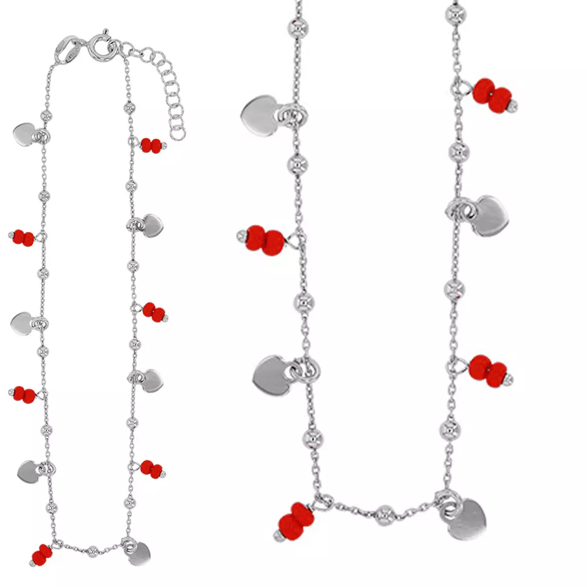 les trésors de lily Chaîne Cheville Argent artisanale 'Love' rouge argenté (rhodié) 26 cm 5x5 mm (coeurs) [R4999]