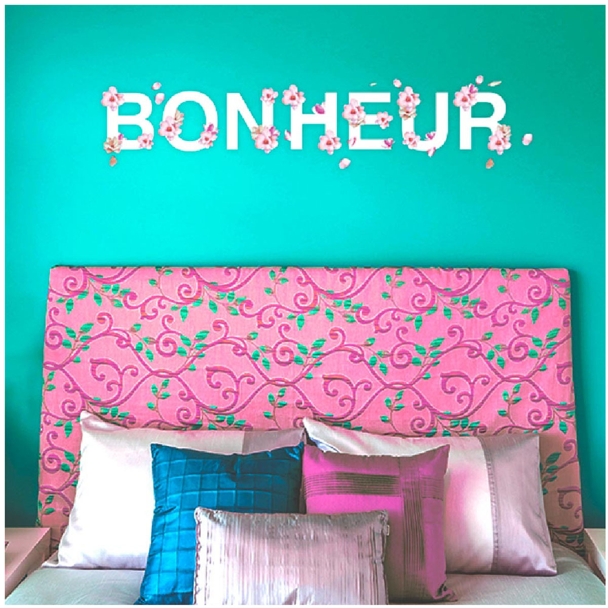 Planche de stickers \'Bonheur\' blanc rose - 20x70 cm - [R5025]