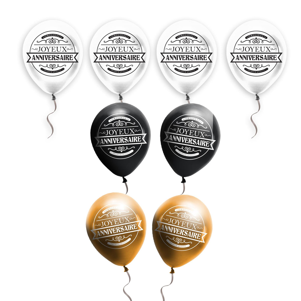 Sachet 8 ballons \'Joyeux Anniversaire\' noir doré blanc (original) - 30 cm - [A2734]