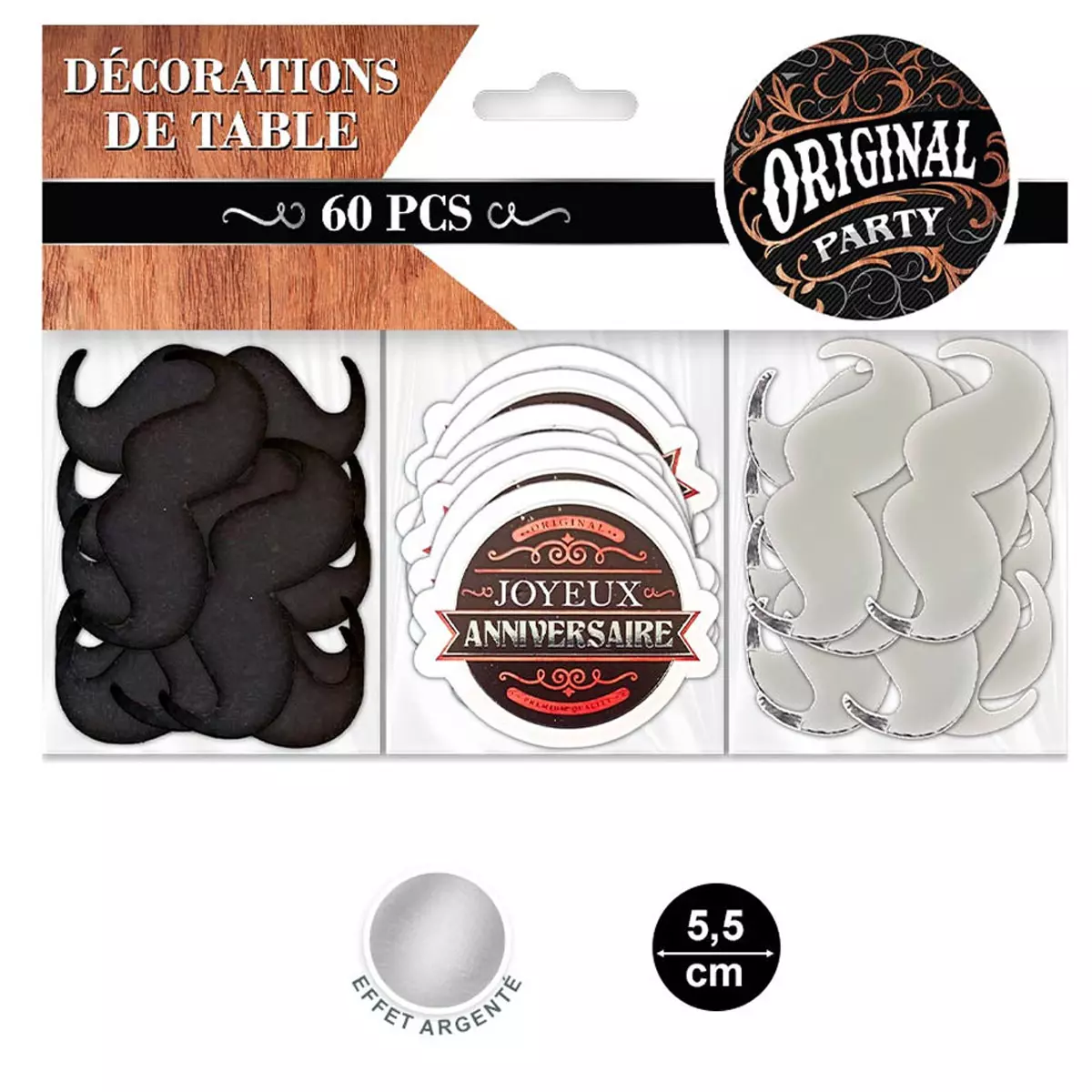 les trésors de lily Trio décors de table 'Joyeux Anniversaire' noir gris 55 mm (60 pièces) [A2758]