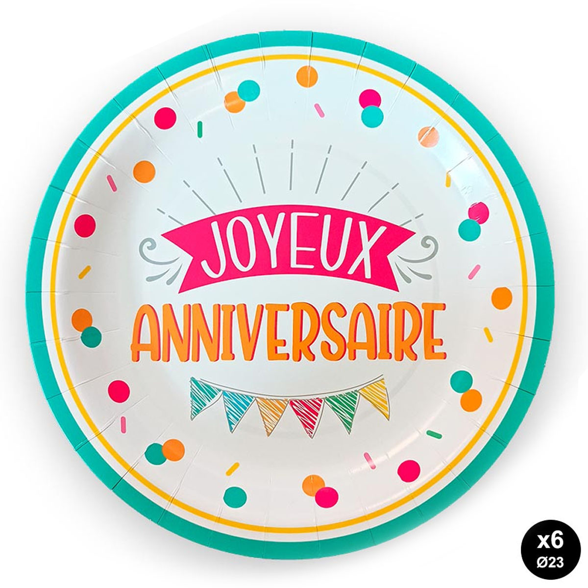 Pack de 6 assiettes \'Joyeux Anniversaire\' multicolore - 23 cm - [A2768]