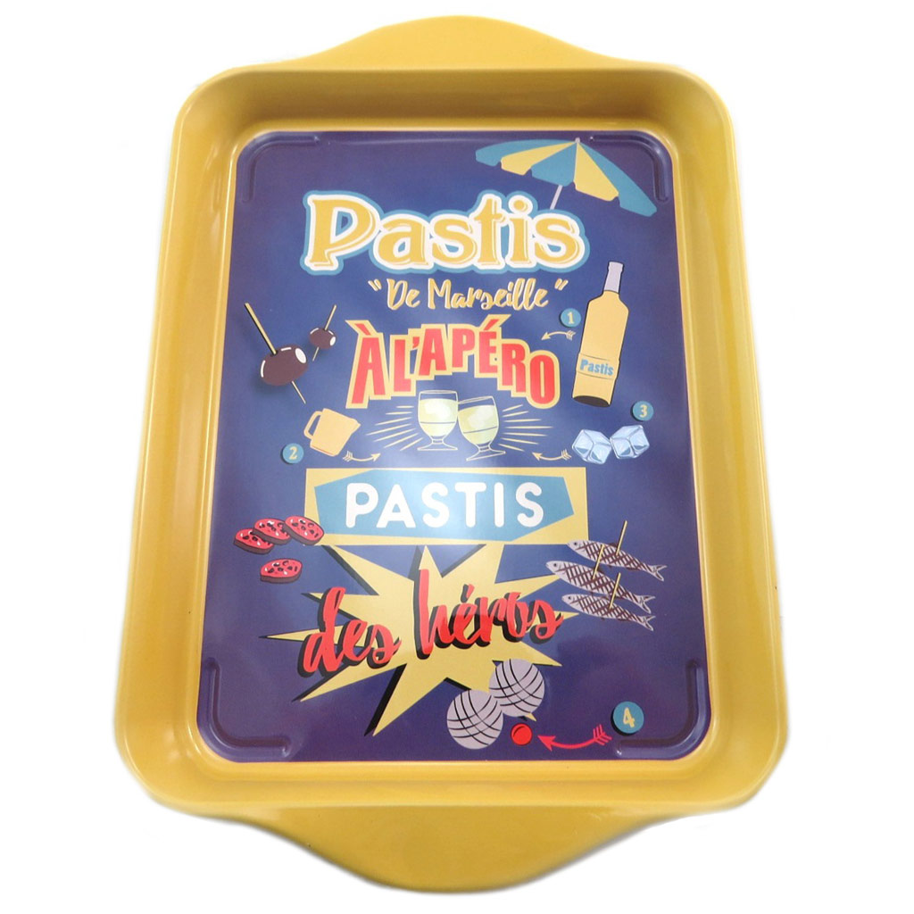 Petit plateau métal \'Pastis de Marseille\' jaune bleu - 21x145 cm - [N7936]