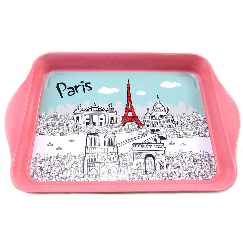 Petit plateau métal \'Monuments de Paris\'  rose turquoise - 21x145 cm - [N7938]