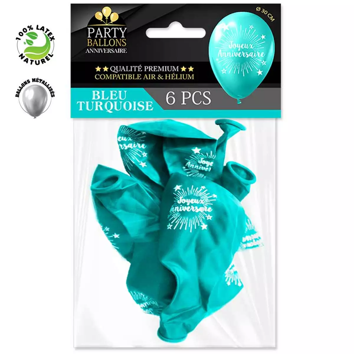 les trésors de lily 6 ballons métalliques latex 'Joyeux Anniversaire' turquoise 30 cm [R0431]