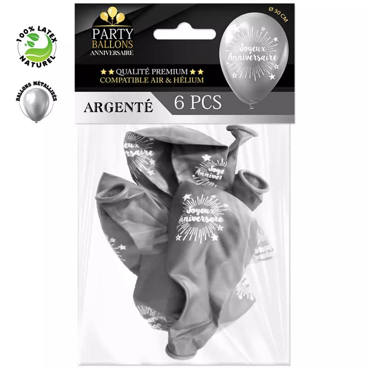 les trésors de lily 6 ballons métalliques latex 'Joyeux Anniversaire' argenté 30 cm [R0434]