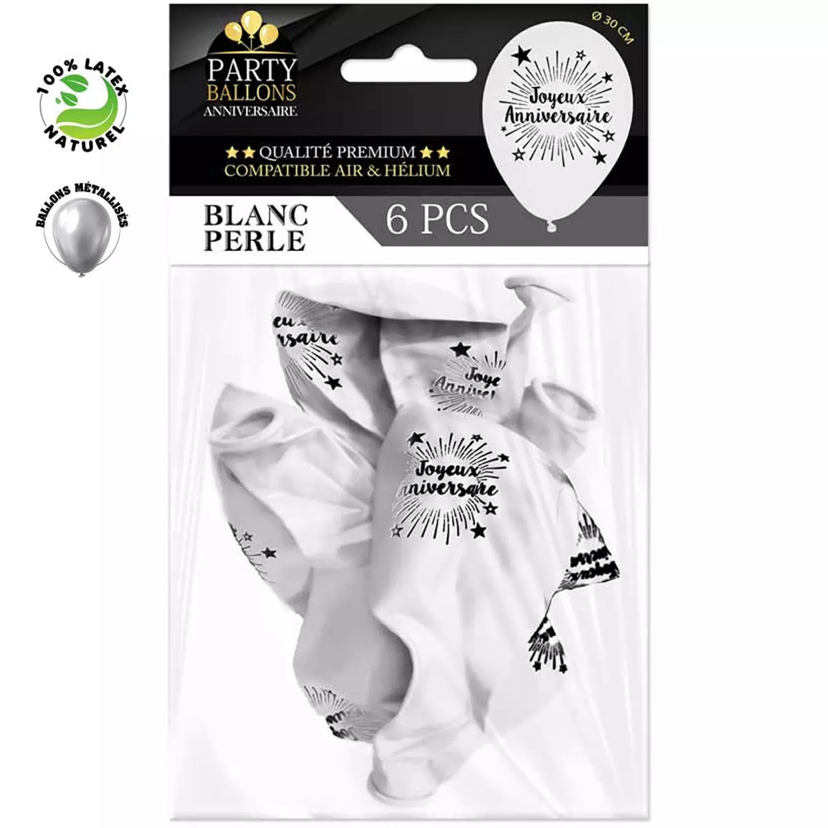 les trésors de lily 6 ballons métalliques latex 'Joyeux Anniversaire' blanc 30 cm [R0435]