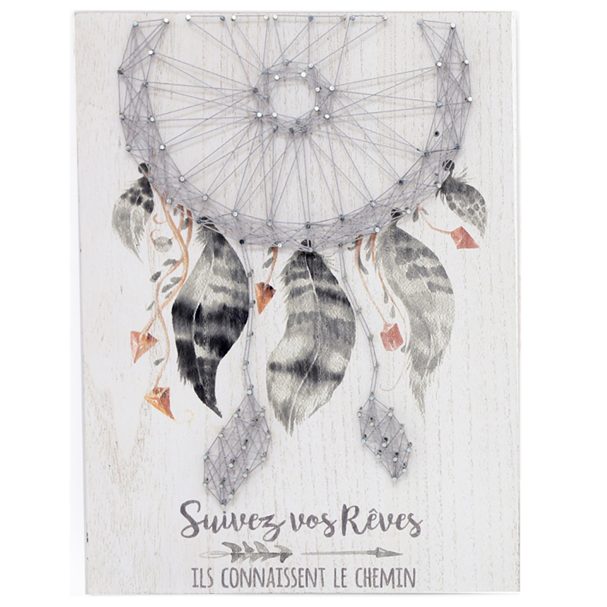 Panneau bois \'Dreamcatcher\' gris (suivez vos rêves) - 40x30 cm - [A2914]