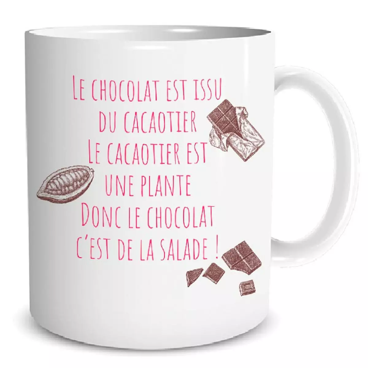 les trésors de lily Mug céramique 'Messages' (Le chocolat est issu du cacaotier le cacaotier est une plante donc le chocolat c'est de la salade ) 95x80 mm [R5072]