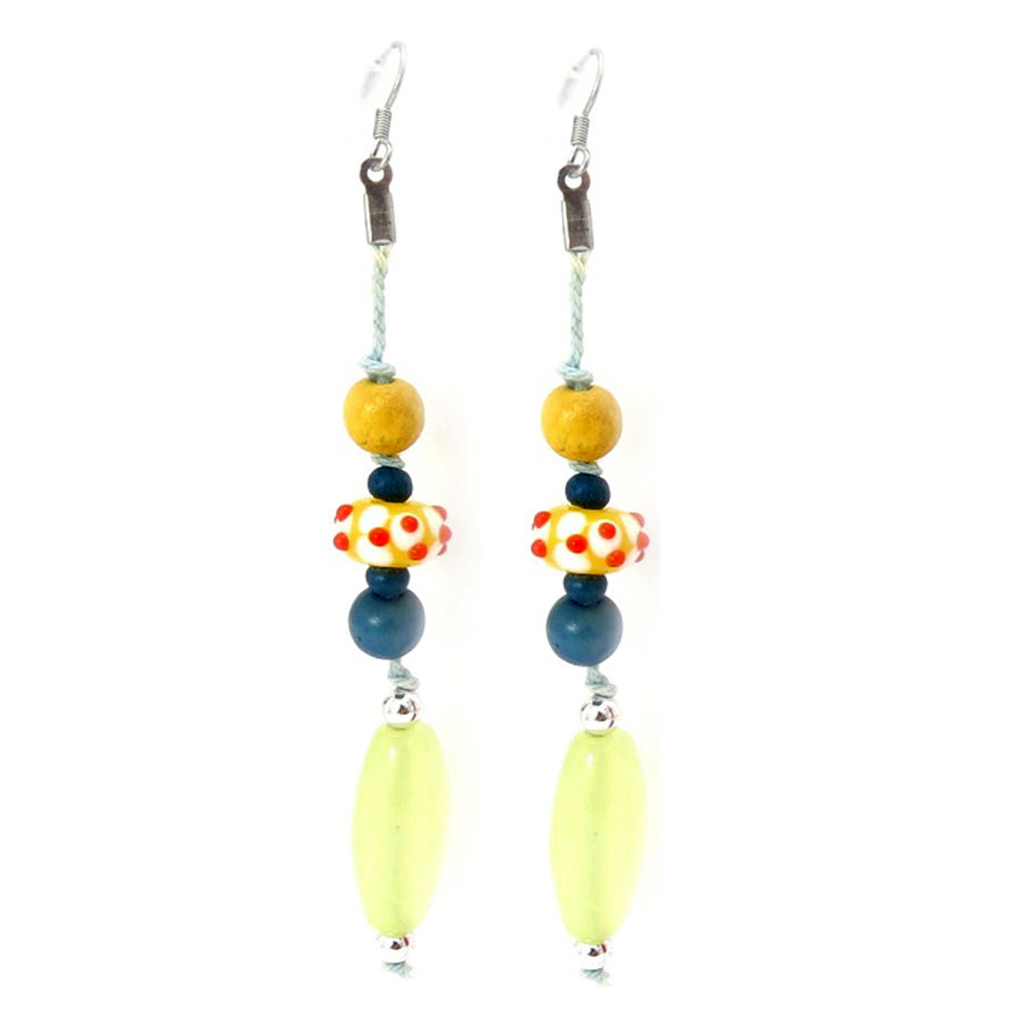 Boucles d\'oreilles ethniques \'Calcutta\' bleu jaune - 10 cm - [K5269]