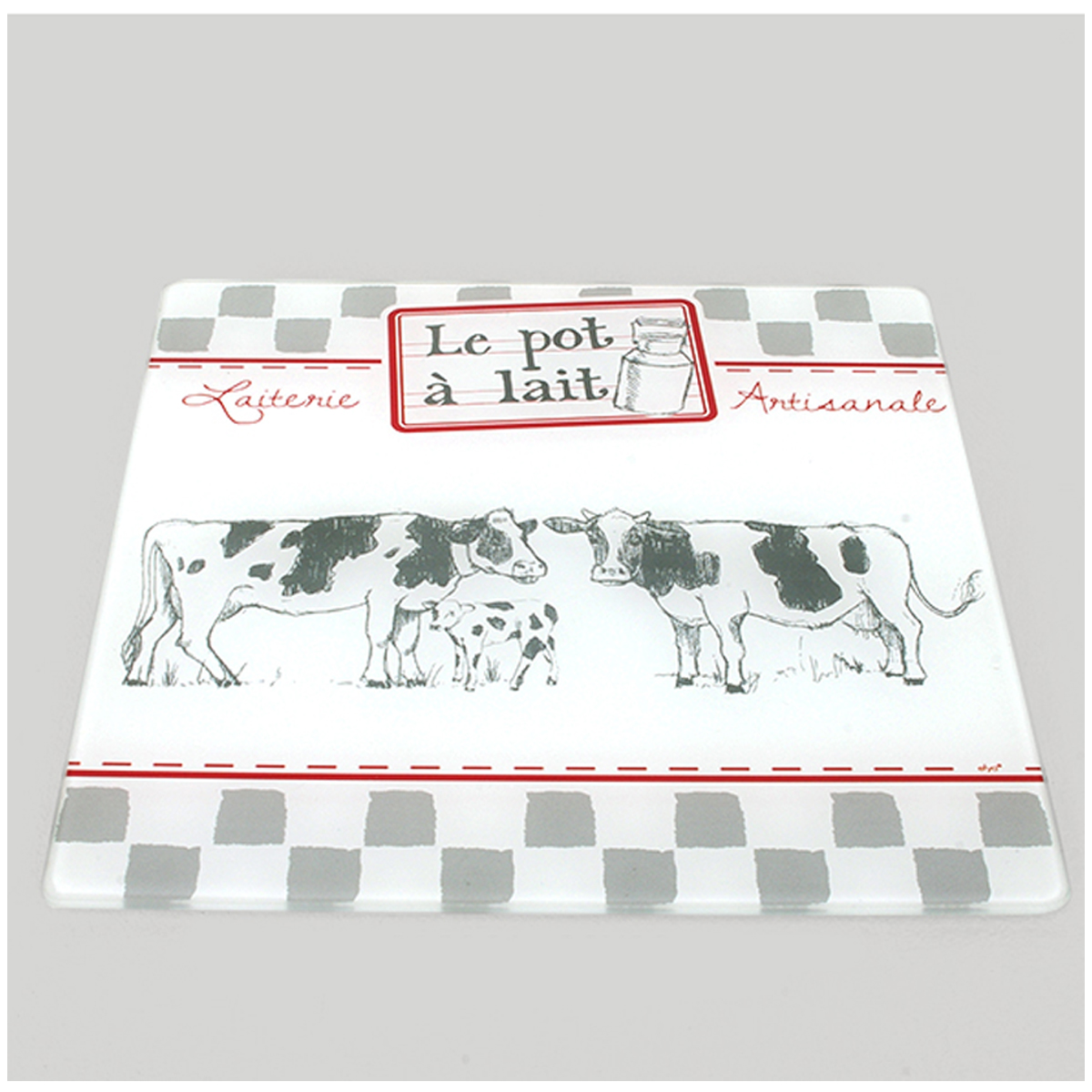 Dessous de plat verre \'Vaches\' gris blanc (le pot à lait - laiterie artisanale) - 20x20 cm - [A0230]