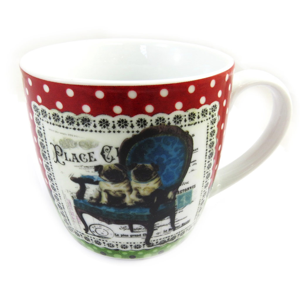 Mug porcelaine \'Belle Epoque\' rouge blanc (chiens) - 9x9 cm - [M1397]