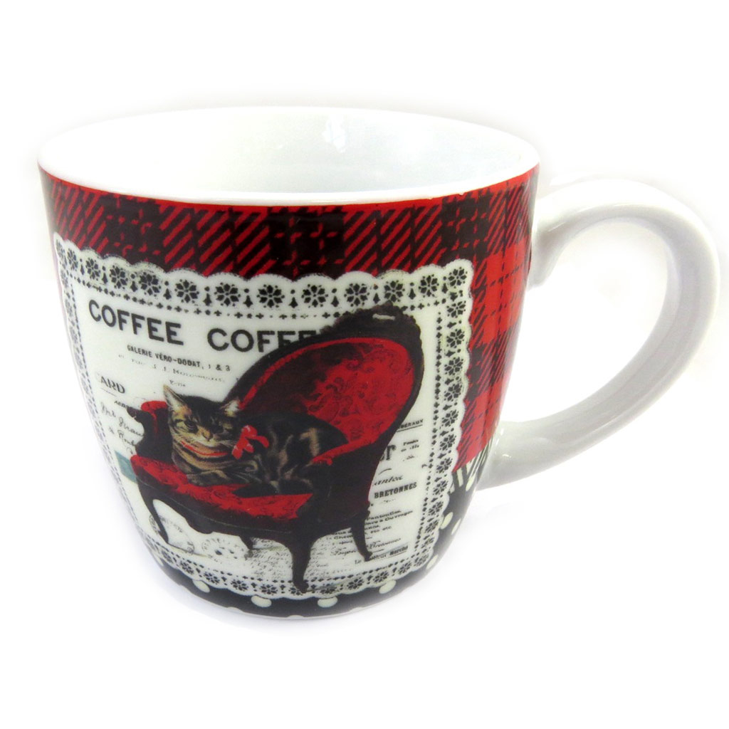 Mug porcelaine \'Belle Epoque\' rouge blanc (chat) - 9x9 cm - [M1398]