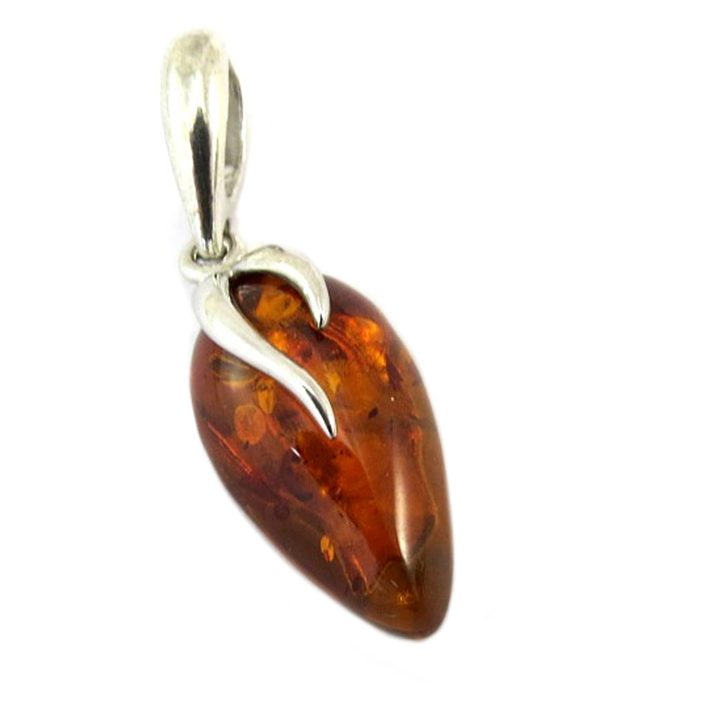 Pendentif Argent artisanal \'Inspiration\' Ambre cognac (rhodié) - 19x10 mm - [P3332]