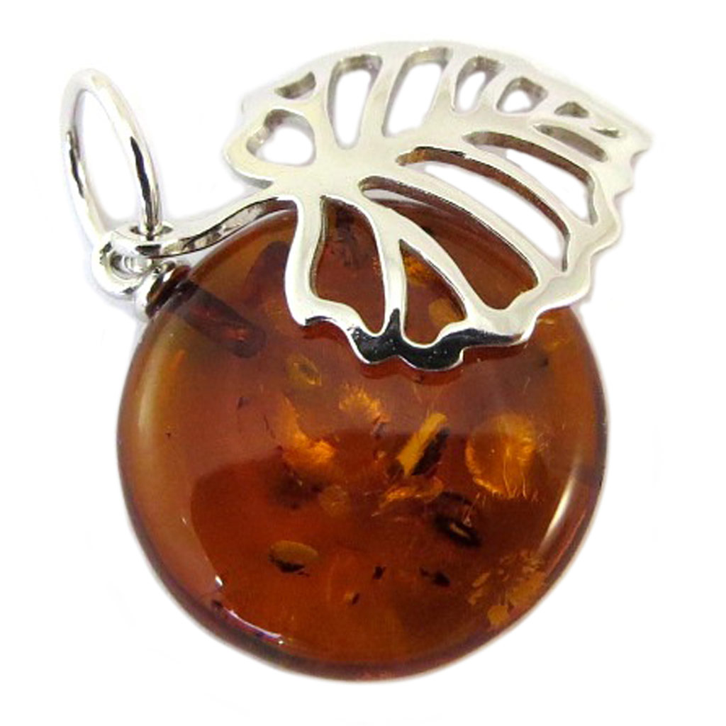 Pendentif Argent \'Inspiration\' Ambre cognac (rhodié) - 15 mm - [P3336]