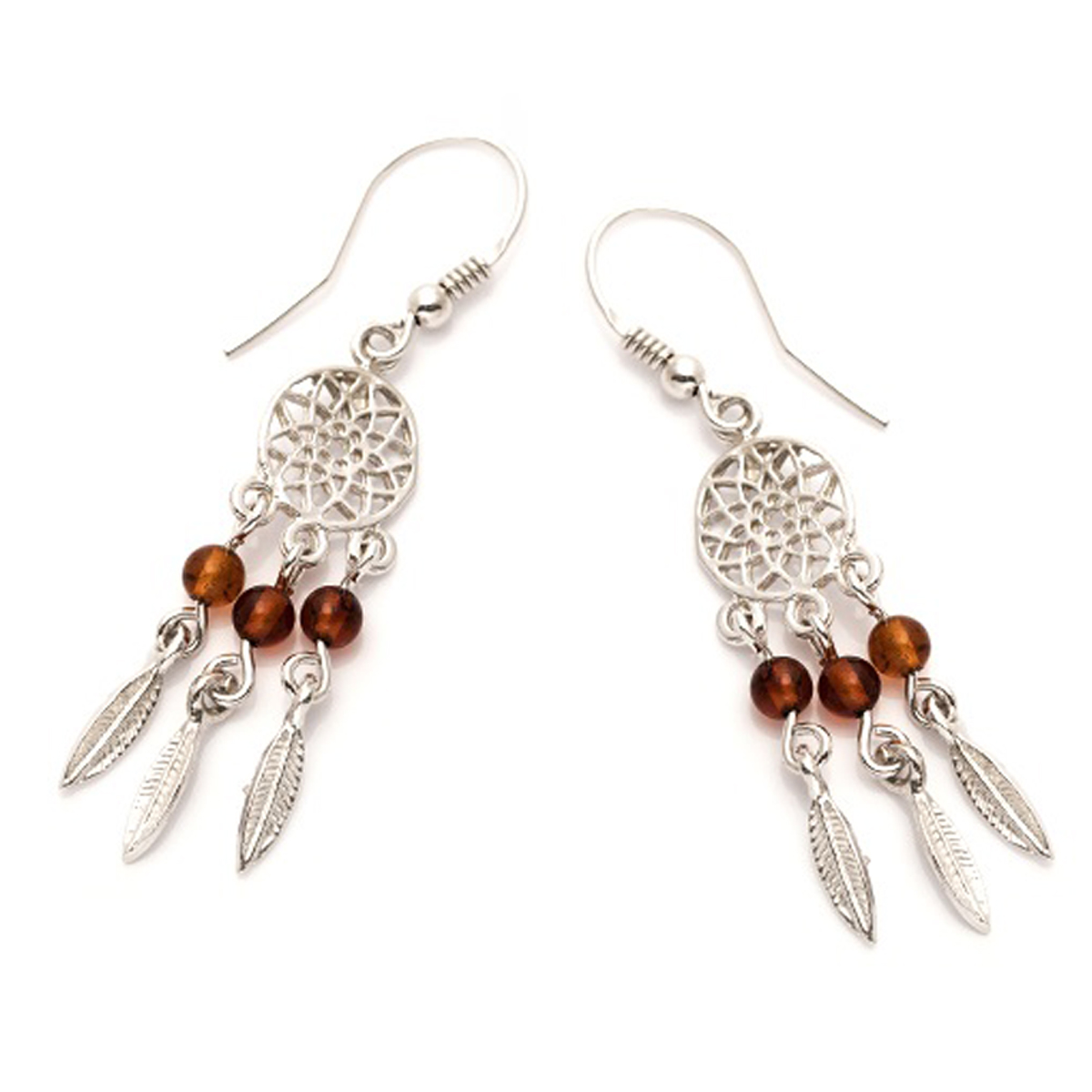 Boucles Argent artisanales \'Inspiration\' Ambre cognac (rhodié) - 35x10 mm - [R3018]