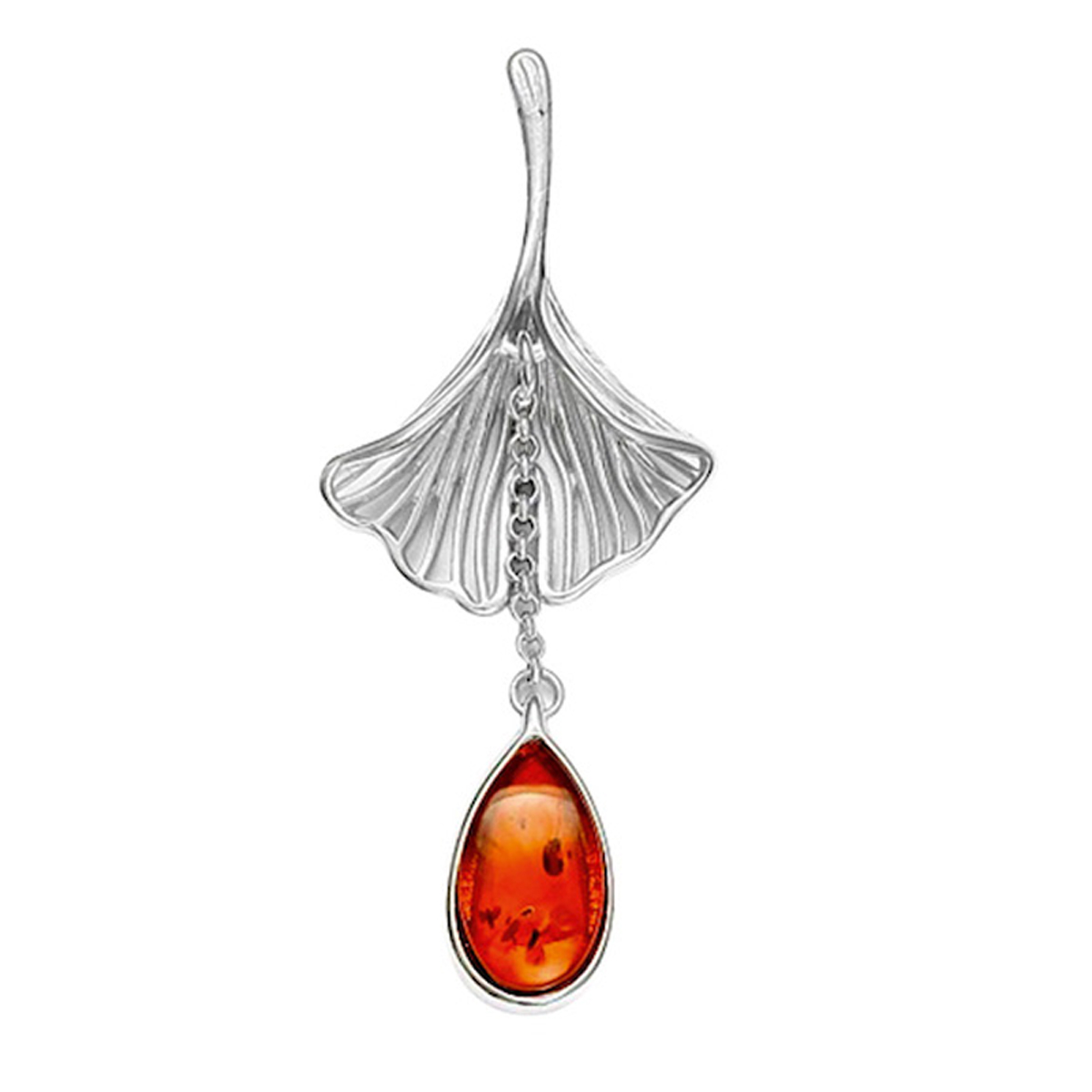 Pendentif argent artisanal \'Ginkgo Biloba\' ambre argenté (rhodié) - 44x18 mm - [R5463]