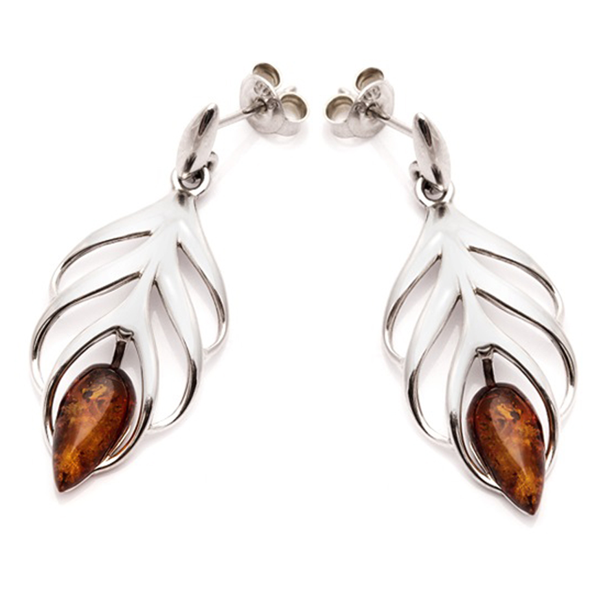 Boucles Argent artisanales \'Inspiration\' Ambre cognac (rhodié) - 38x15 mm - [R5511]