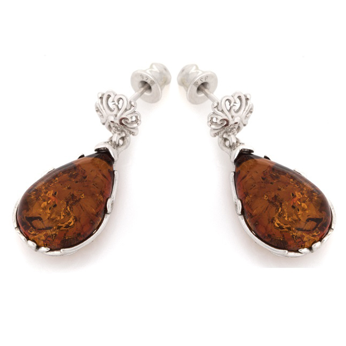 Boucles Argent artisanales \'Inspiration\' Ambre cognac (rhodié) - 29x13 mm - [R5513]