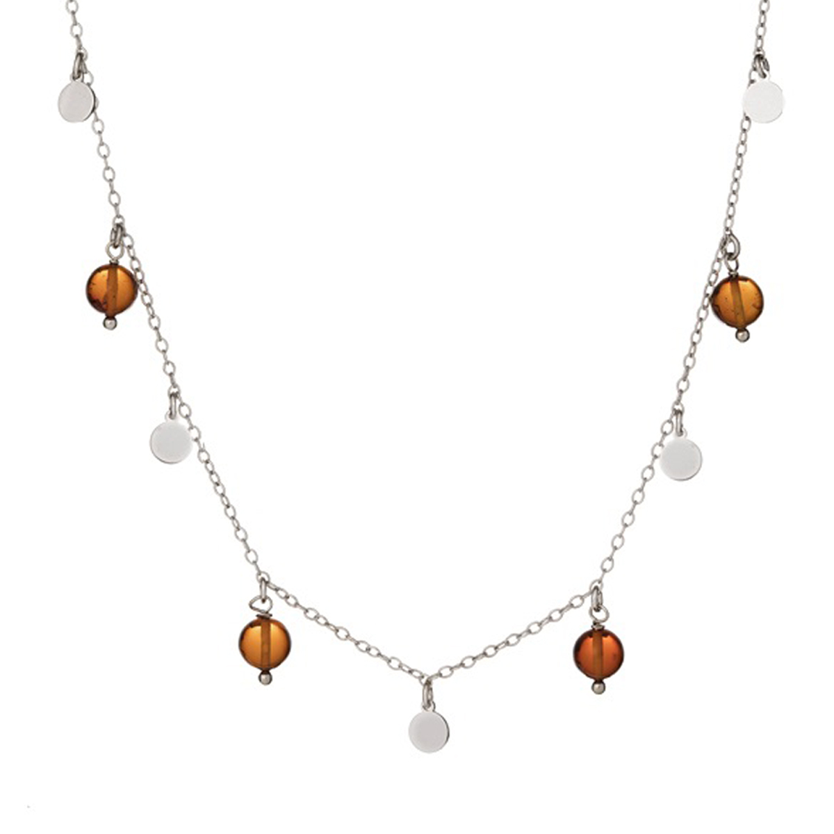 Collier argent artisanal \'Inspiration\' ambre cognac (rhodié) - 5 mm - [R5528]